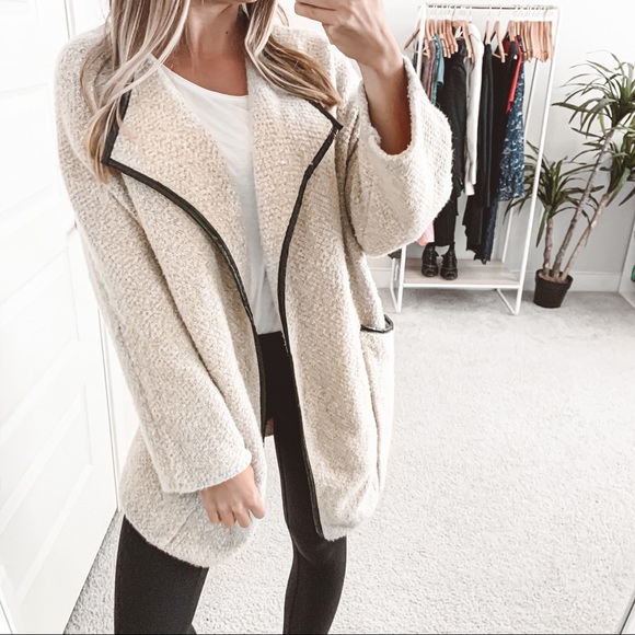 Zara Jackets & Blazers - Zara Knit Cardigan Coat Faux Leather Lining Beige